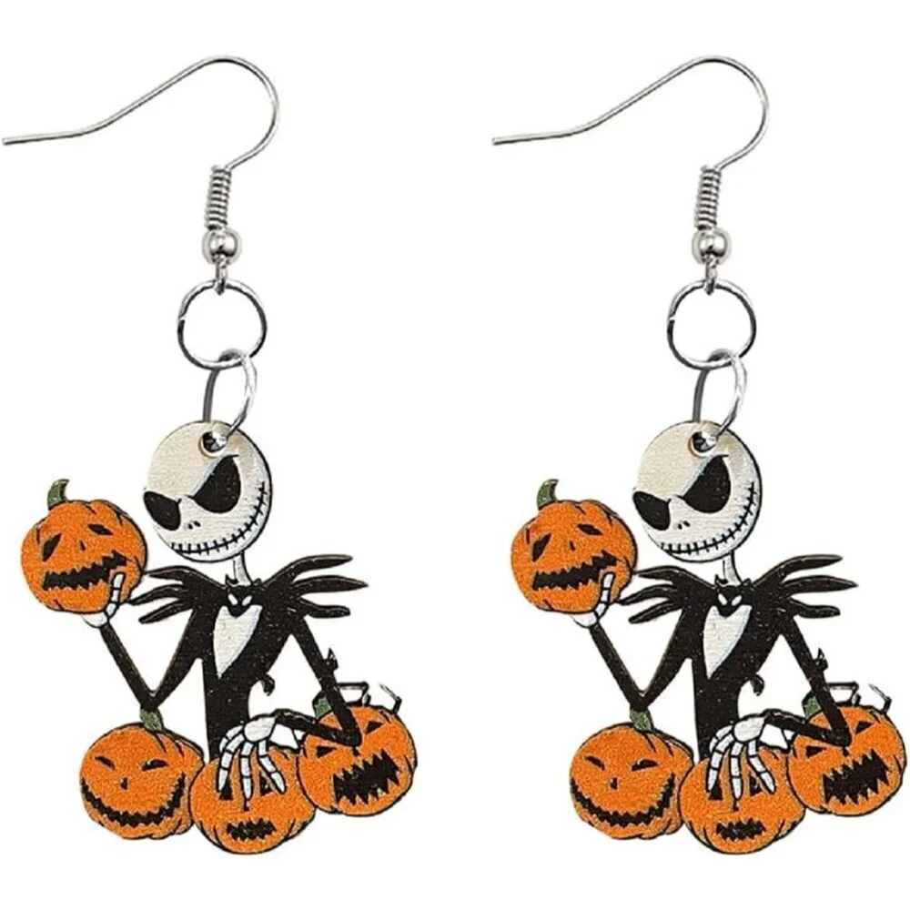 Women's Black&orange Cute Cartoon Halloween Theme Earrings Ghost Pumpkin Wooden